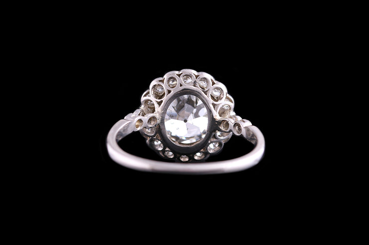 French Art Deco Platinum Diamond Halo Ring with Diamond Shoulders