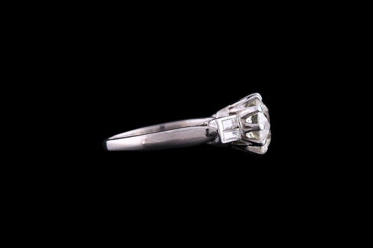 Art Deco Platinum Diamond Single Stone Ring with Diamond Shoulders