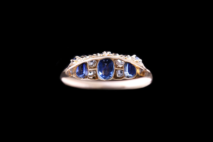 Victorian 18ct Yellow Gold Diamond and Sapphire Seven Stone Ring