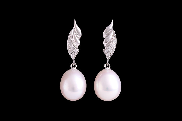 9ct White Gold Diamond and Pearl Drop Earrings
