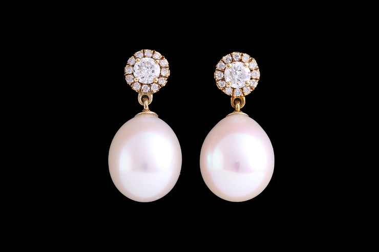 9ct Yellow Gold Diamond and Pearl Drop Earrings