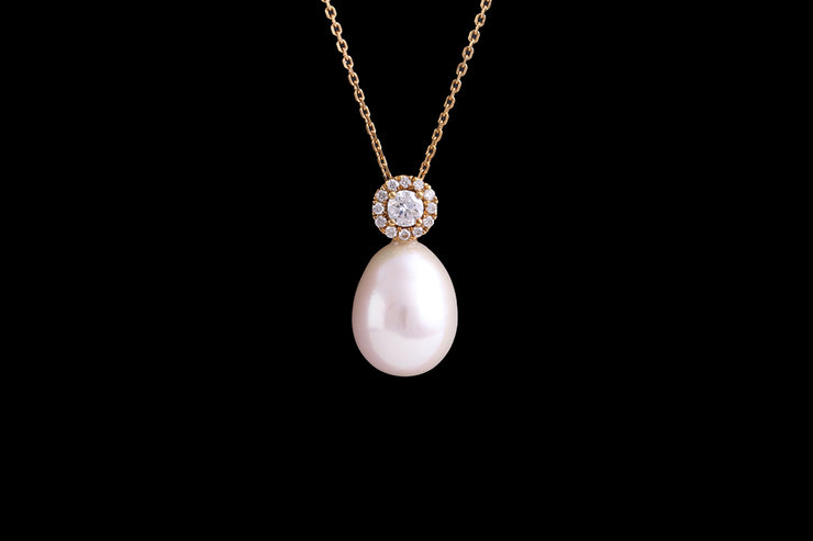 9ct Yellow Gold Diamond and Pearl Pendant