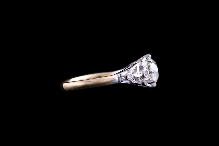 Edwardian 18ct Yellow Gold and White Gold Diamond Single Stone Ring with Diamond Shoulders