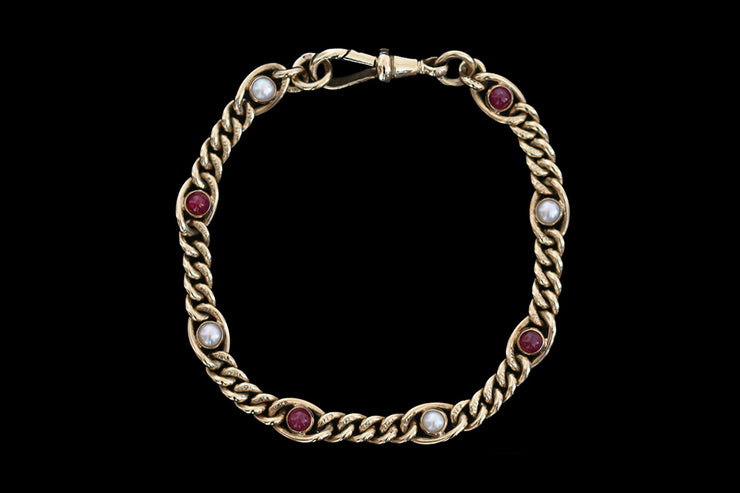 Victorian 9ct Yellow Gold Ruby and Pearl Curb Bracelet