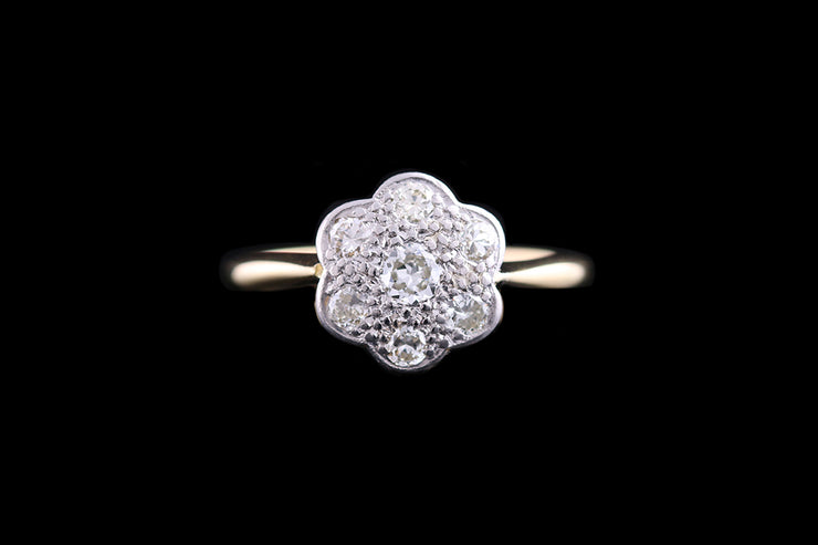 Edwardian 18ct Yellow Gold and Platinum Diamond Flower Cluster Ring
