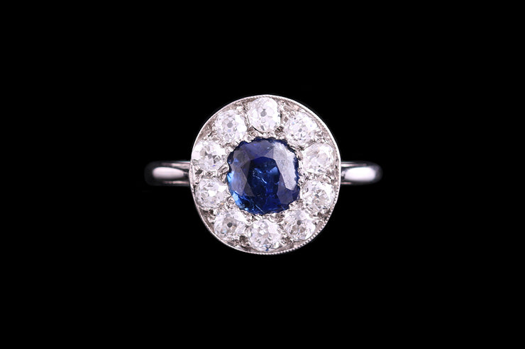 Art Deco 18ct White Gold Diamond and Sapphire Cluster Ring