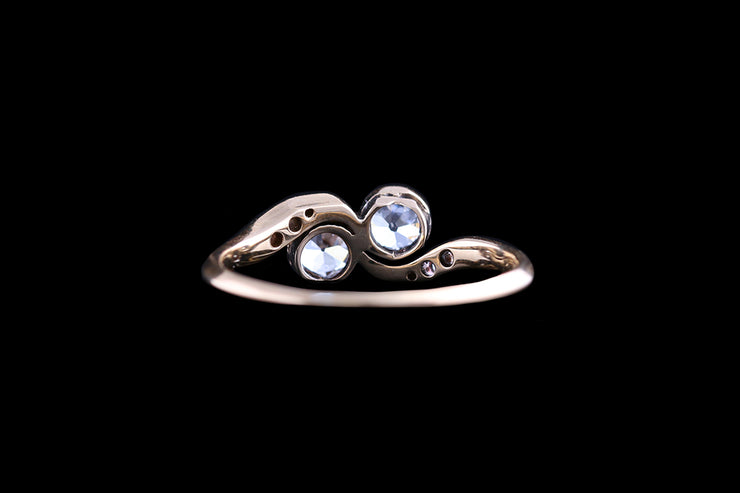 Edwardian 18ct Yellow Gold Diamond Two Stone Twist Ring with Diamond Shoulders