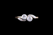 Edwardian 18ct Yellow Gold Diamond Two Stone Twist Ring with Diamond Shoulders