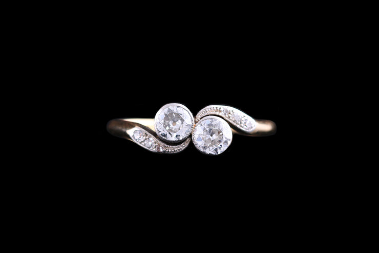 Edwardian 18ct Yellow Gold Diamond Two Stone Twist Ring with Diamond Shoulders