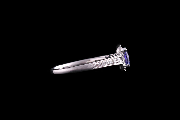 18ct White Gold Diamond and Tanzanite Cluster Ring with Diamond Shoulders