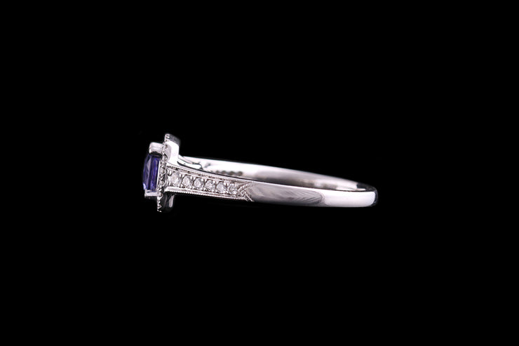 18ct White Gold Diamond and Tanzanite Cluster Ring with Diamond Shoulders