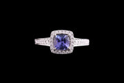 18ct White Gold Diamond and Tanzanite Cluster Ring with Diamond Shoulders
