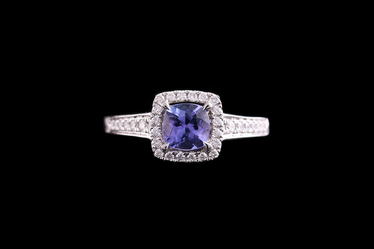 18ct White Gold Diamond and Tanzanite Cluster Ring with Diamond Shoulders