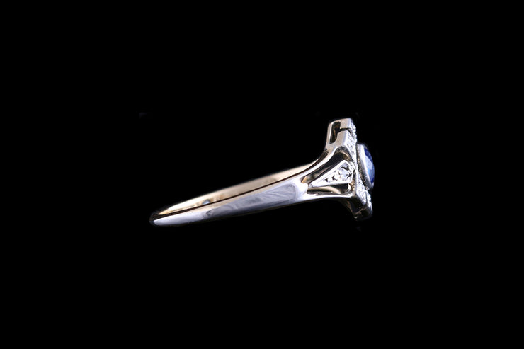 Edwardian 18ct Yellow Gold and Platinum Diamond & Sapphire Dress Ring with Split Shoulders