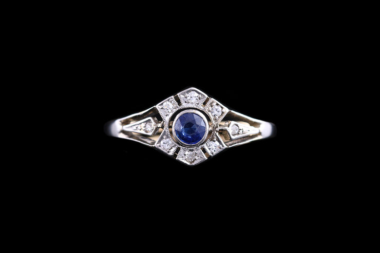 Edwardian 18ct Yellow Gold and Platinum Diamond & Sapphire Dress Ring with Split Shoulders