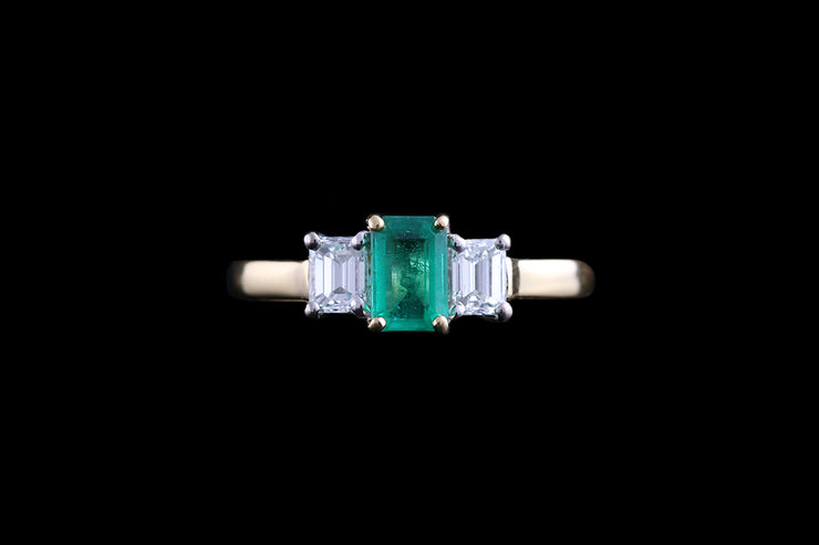 18ct Yellow Gold Diamond and Emerald Three Stone Ring