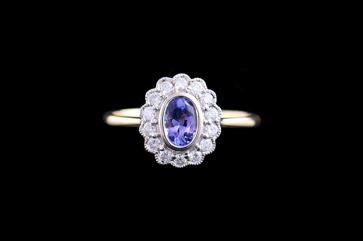 18ct Yellow Gold Diamond and Tanzanite Oval Cluster Ring