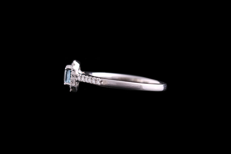 18ct White Gold Diamond and Aquamarine Cluster Ring with Diamond Shoulders