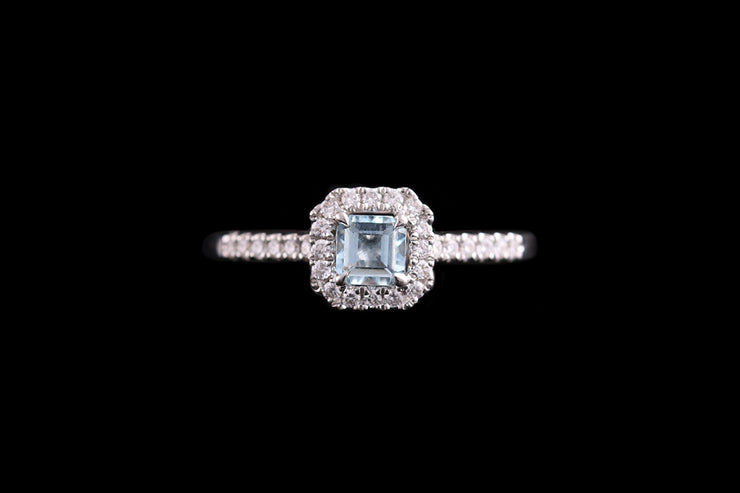 18ct White Gold Diamond and Aquamarine Cluster Ring with Diamond Shoulders