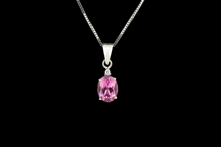 18ct White Gold Diamond and Pink Topaz Pendant