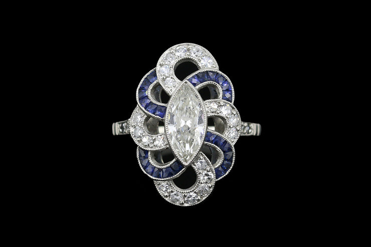Art Deco Platinum Diamond and Sapphire Dress Ring