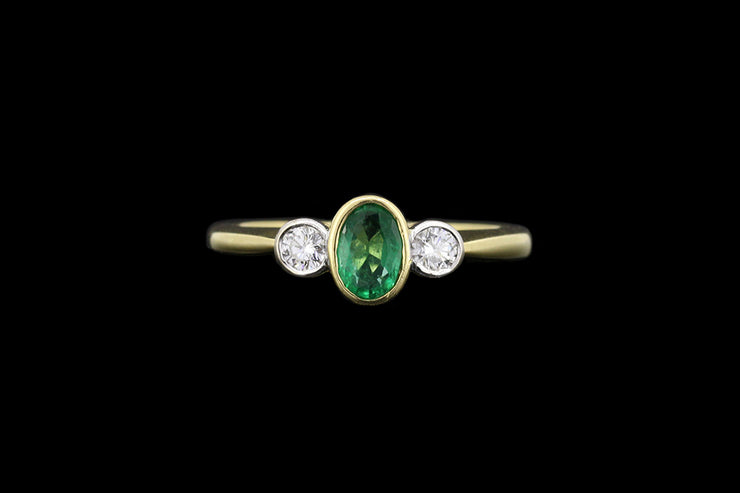 18ct Yellow Gold Diamond and Emerald Three Stone Ring