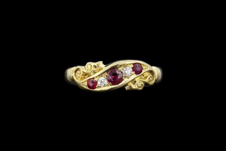 Edwardian 18ct Yellow Gold Diamond and Ruby Five Stone Twist Ring