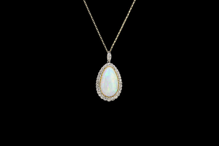 Edwardian 18ct White Gold and Yellow Gold Diamond and Opal Pear Cluster Pendant