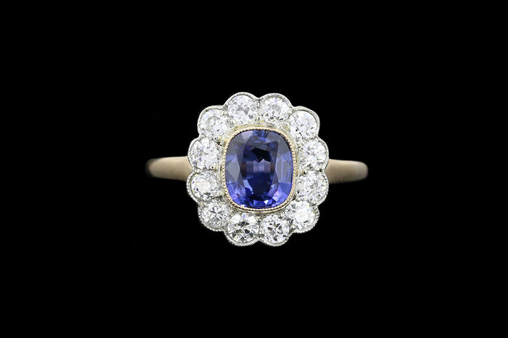 Edwardian 18ct Yellow Gold and Platinum Diamond and Sapphire Cluster Ring