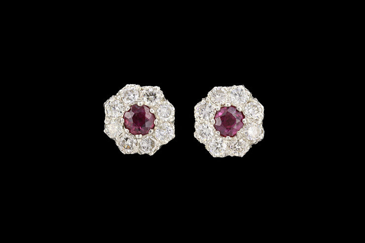 18ct Yellow Gold and White Gold Diamond and Ruby Round Cluster Stud Earrings