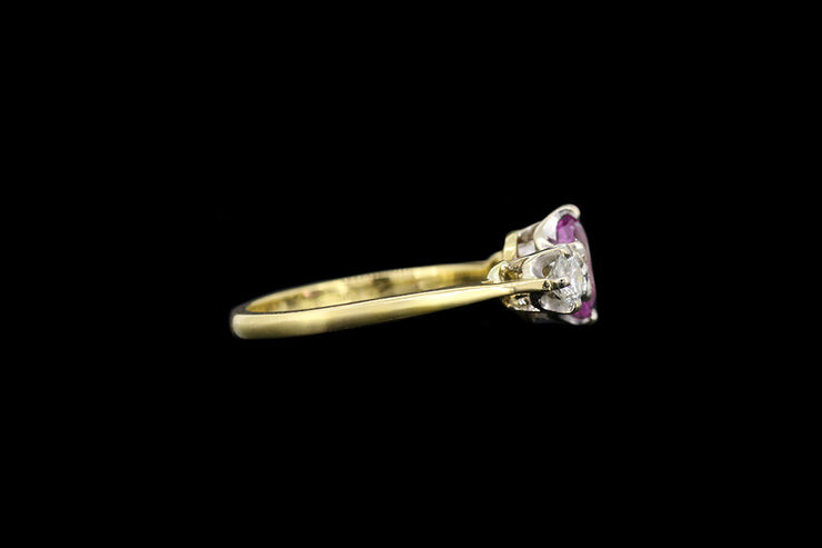 18ct Yellow Gold Diamond and Pink Sapphire Three Stone Ring