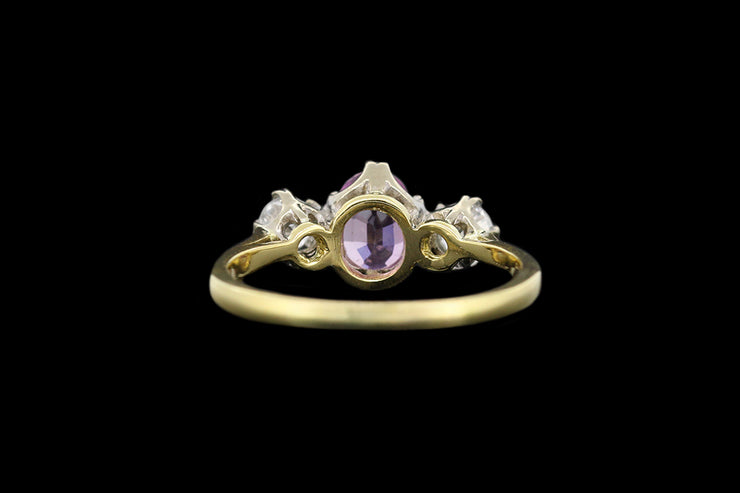 18ct Yellow Gold Diamond and Pink Sapphire Three Stone Ring