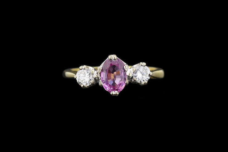 18ct Yellow Gold Diamond and Pink Sapphire Three Stone Ring