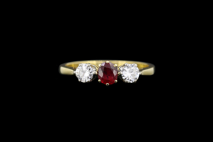 18ct Yellow Gold Diamond and Ruby Three Stone Ring