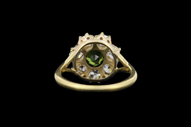 18ct Yellow Gold Diamond and Green Sapphire Cluster Ring with Split Shoulders