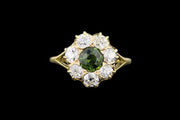 18ct Yellow Gold Diamond and Green Sapphire Cluster Ring with Split Shoulders