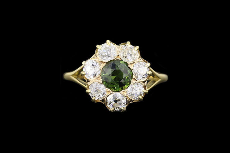 18ct Yellow Gold Diamond and Green Sapphire Cluster Ring with Split Shoulders