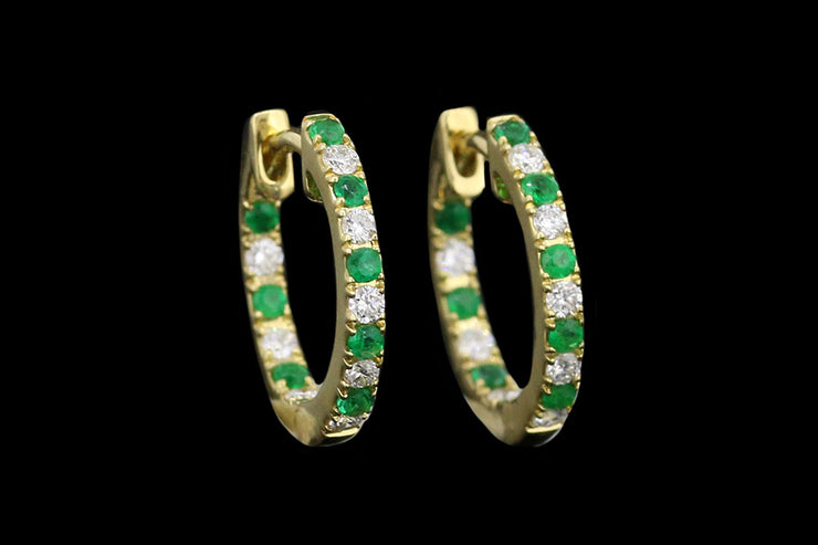 18ct Yellow Gold Diamond and Emerald Hoop Earrings