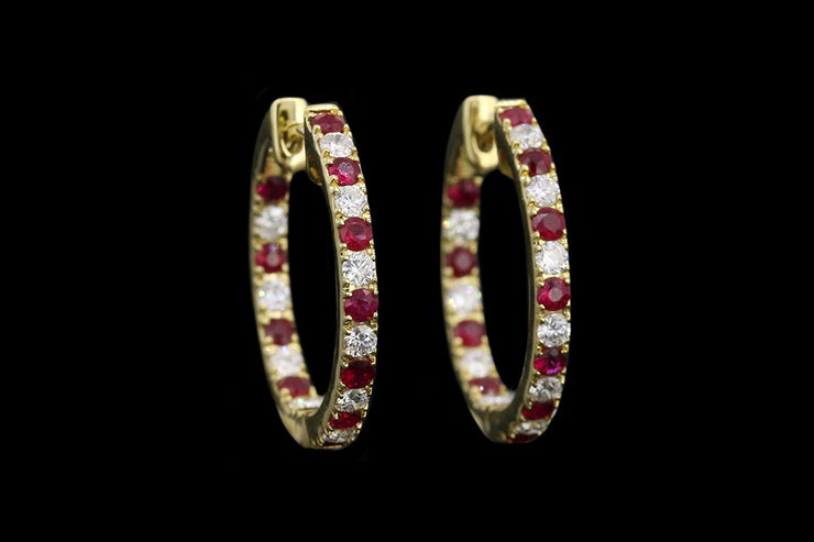18ct Yellow Gold Diamond and Ruby Hoop Earrings