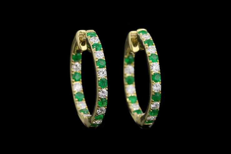 18ct Yellow Gold Diamond and Emerald Hoop Earrings