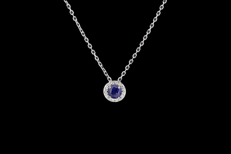 18ct White Gold Diamond and Sapphire Round Cluster Pendant