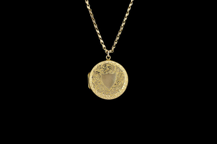 Edwardian 9ct Yellow Gold Engraved Round Locket