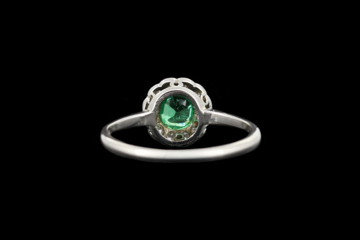 Art Deco Platinum Diamond and Emerald Round Cluster Ring