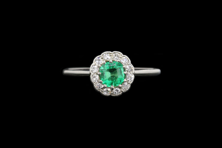 Art Deco Platinum Diamond and Emerald Round Cluster Ring