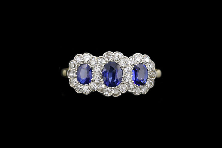 Victorian 18ct Yellow Gold Diamond and Sapphire Triple Cluster Ring