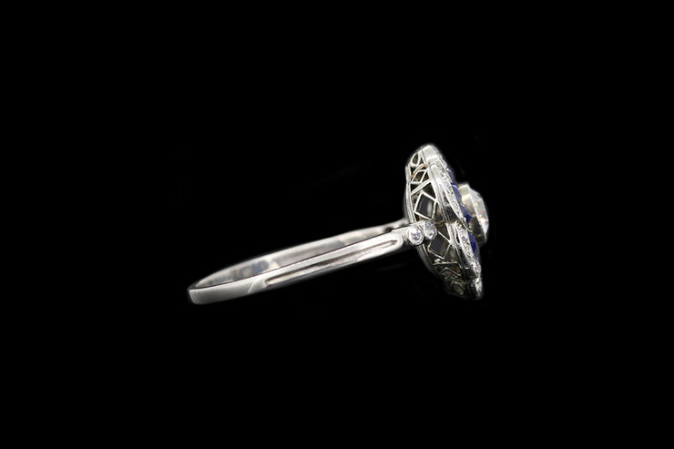 Edwardian Platinum Diamond and Sapphire Flower Cluster Ring