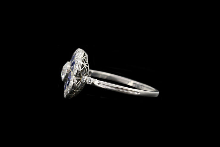 Edwardian Platinum Diamond and Sapphire Flower Cluster Ring