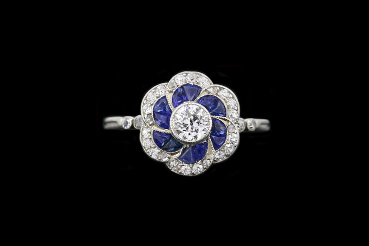 Edwardian Platinum Diamond and Sapphire Flower Cluster Ring