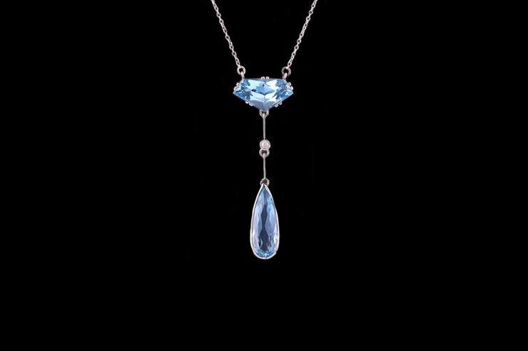 18ct White Gold Diamond and Aquamarine Drop Pendant