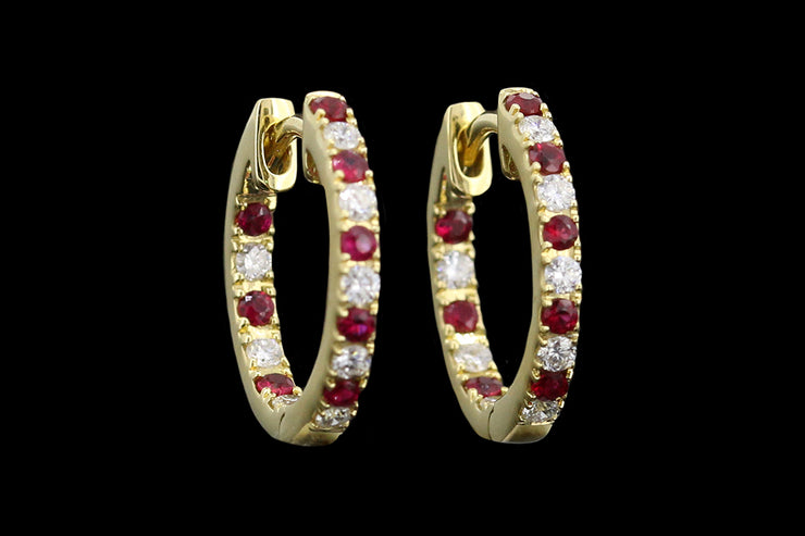 18ct Yellow Gold Diamond and Ruby Hoop Earrings